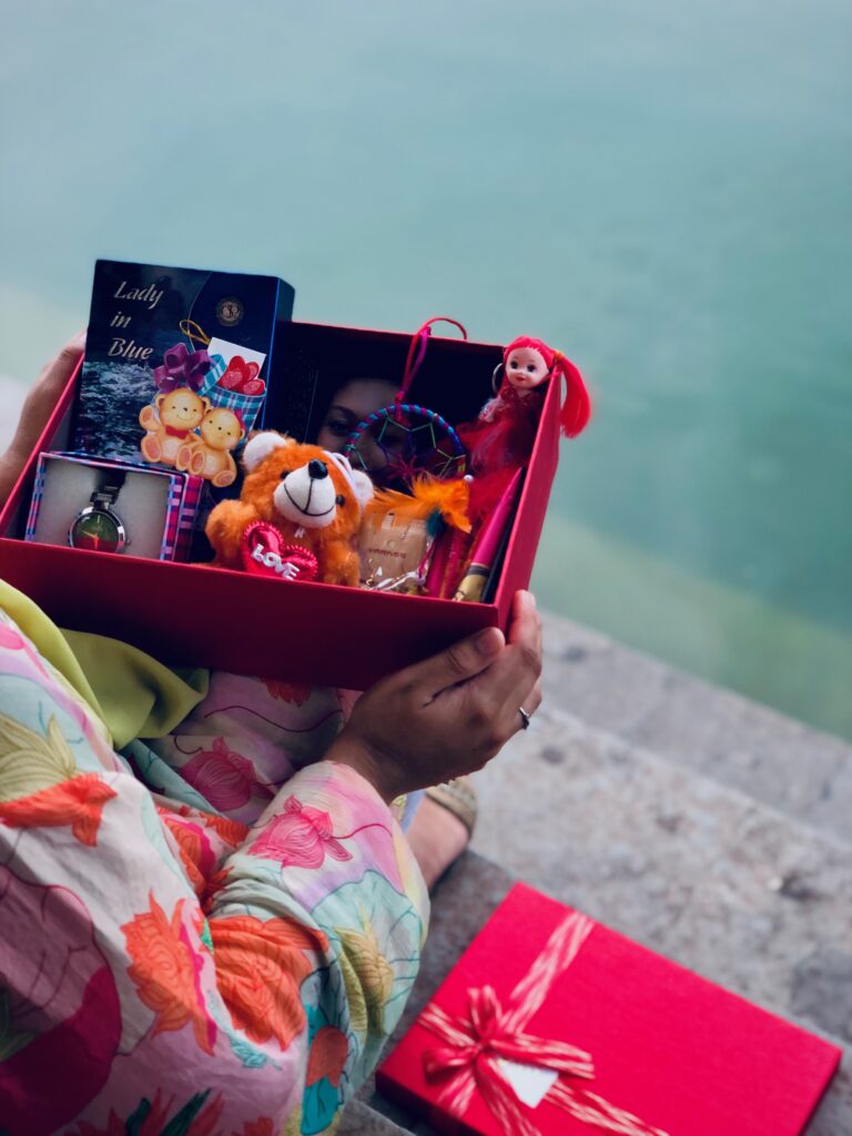girlish hamper with stuffed toy, frame, sweets, cute stuffs, watch, and cards