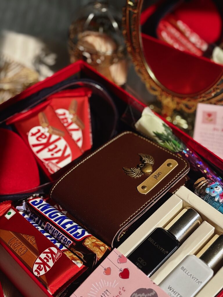 mens cute hamper with name wallet, perfume, chocolates, cute stuffs and flowers