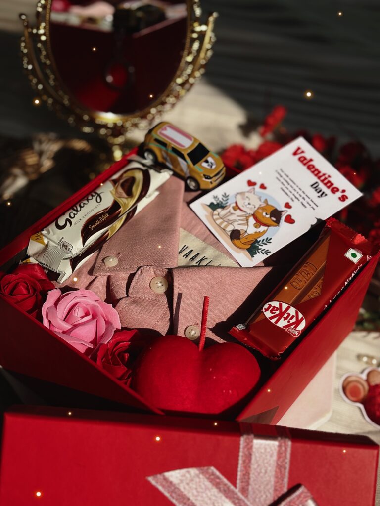 premium mens hamper with a pink beautiful shirt, sweets, cute items and flowers