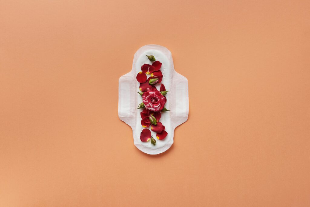A sanitary pad adorned with red rose petals on a peach background, symbolizing menstruation and femininity.