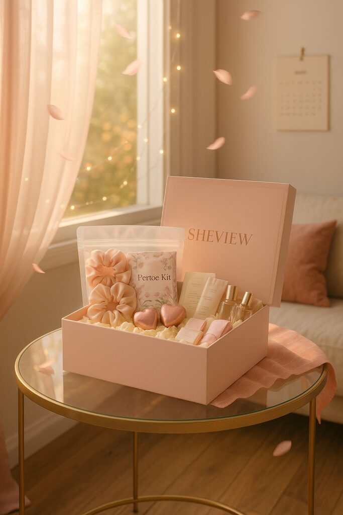 a pink themed big gift box of she view period kit