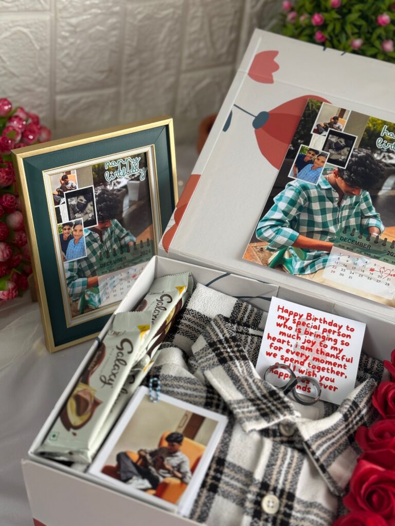 white luxury mens hamper with shirt, frame, silver ring, photos and chocolates