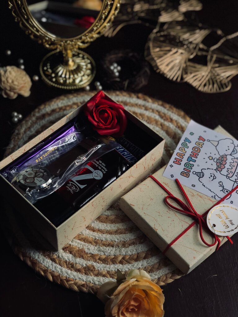 hamper box with perfume and chocolate
