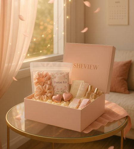 a pink themed big gift box of she view period kit